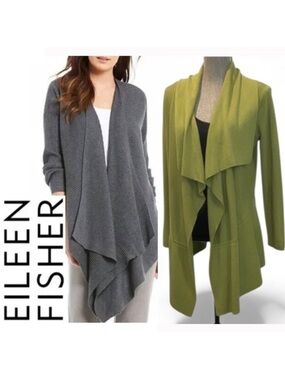 Eileen Fisher Merino Wool Draped Open Cardigan Sweater Green Size medium